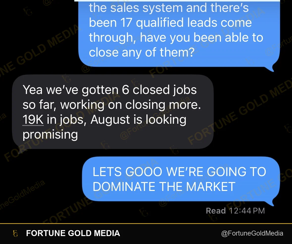 Text conversation with an HVAC client reporting 6 closed jobs worth $19K from 17 qualified leads, two weeks after their sales system launched